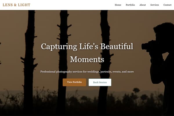 Professional photographer portfolio website showcasing gallery and services